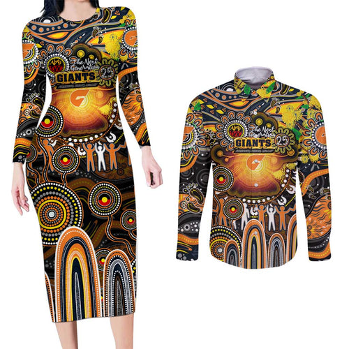 Personalised NAIDOC Week 2025 Giants Football Couples Matching Long Sleeve Bodycon Dress and Long Sleeve Button Shirt Aboriginal Dot Painting