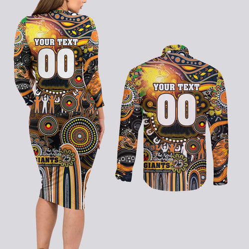 Personalised NAIDOC Week 2025 Giants Football Couples Matching Long Sleeve Bodycon Dress and Long Sleeve Button Shirt Aboriginal Dot Painting