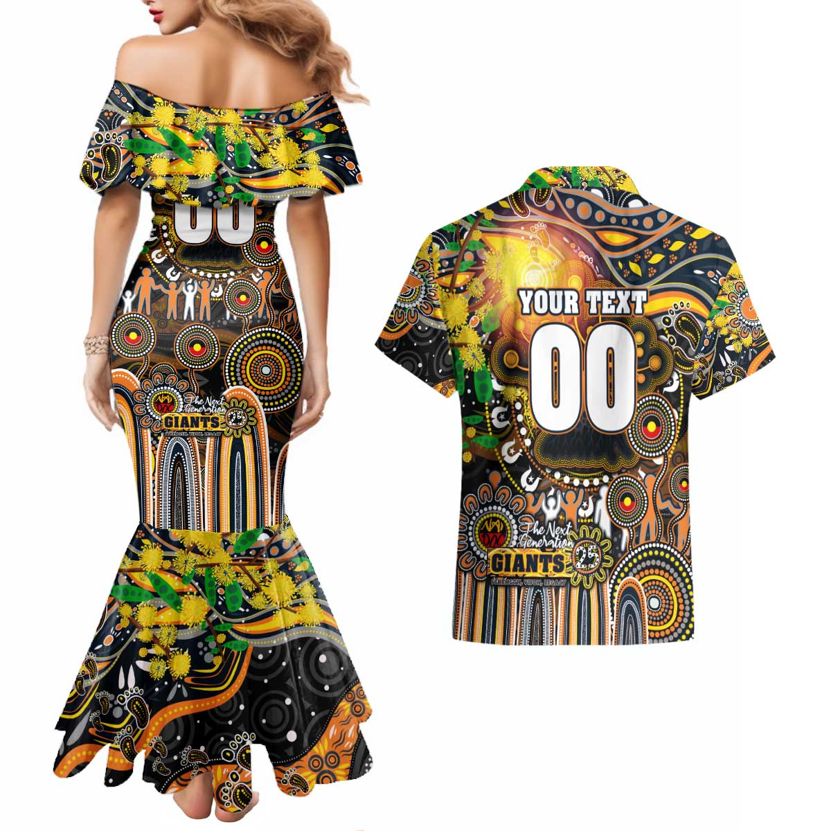 Personalised NAIDOC Week 2025 Giants Football Couples Matching Mermaid Dress and Hawaiian Shirt Aboriginal Dot Painting
