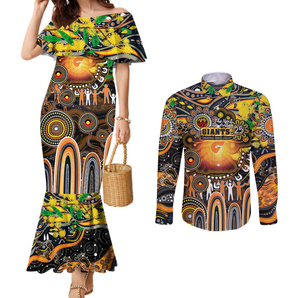 Personalised NAIDOC Week 2025 Giants Football Couples Matching Mermaid Dress and Long Sleeve Button Shirt Aboriginal Dot Painting