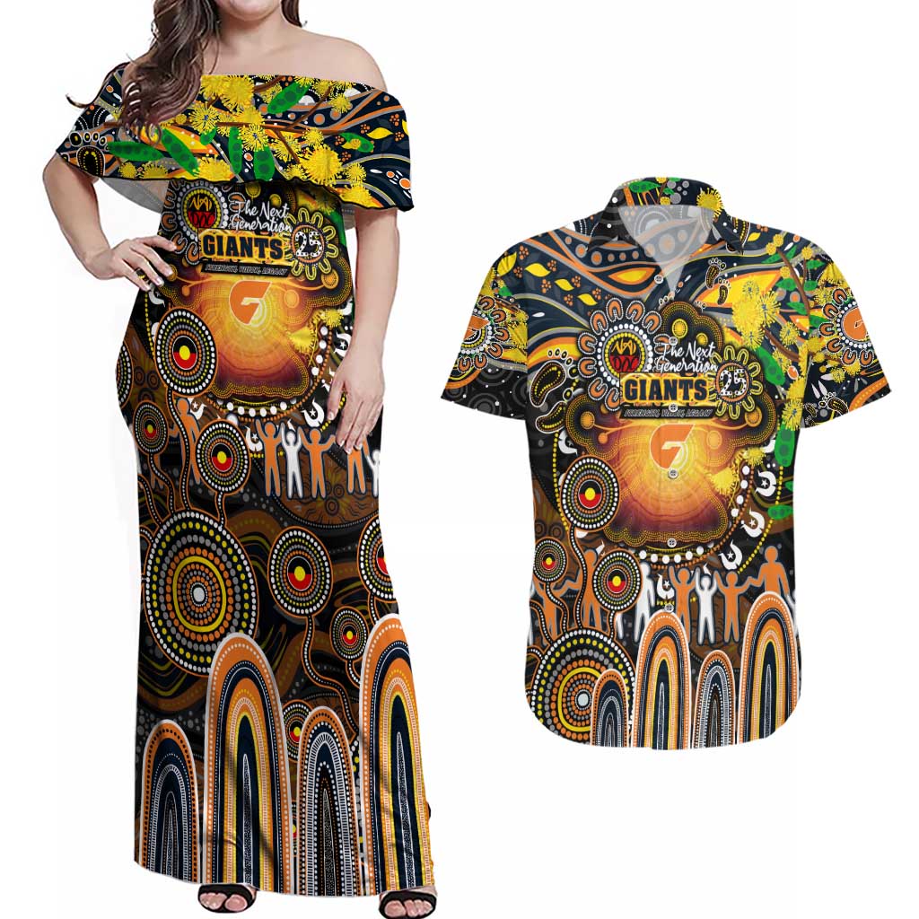 Personalised NAIDOC Week 2025 Giants Football Couples Matching Off Shoulder Maxi Dress and Hawaiian Shirt Aboriginal Dot Painting