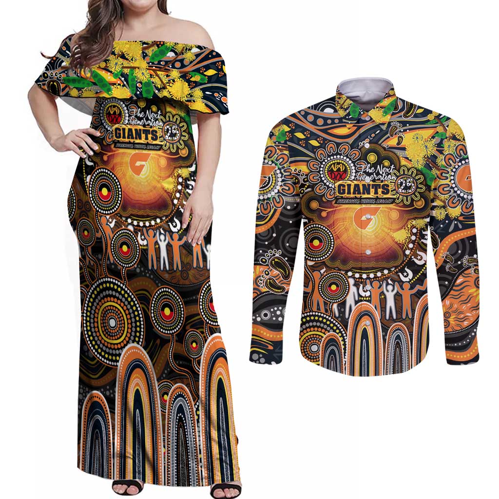 Personalised NAIDOC Week 2025 Giants Football Couples Matching Off Shoulder Maxi Dress and Long Sleeve Button Shirt Aboriginal Dot Painting