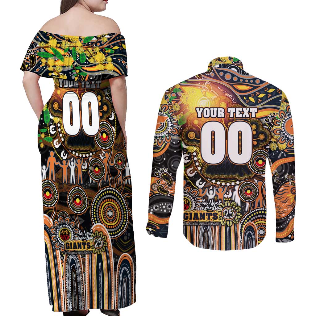 Personalised NAIDOC Week 2025 Giants Football Couples Matching Off Shoulder Maxi Dress and Long Sleeve Button Shirt Aboriginal Dot Painting