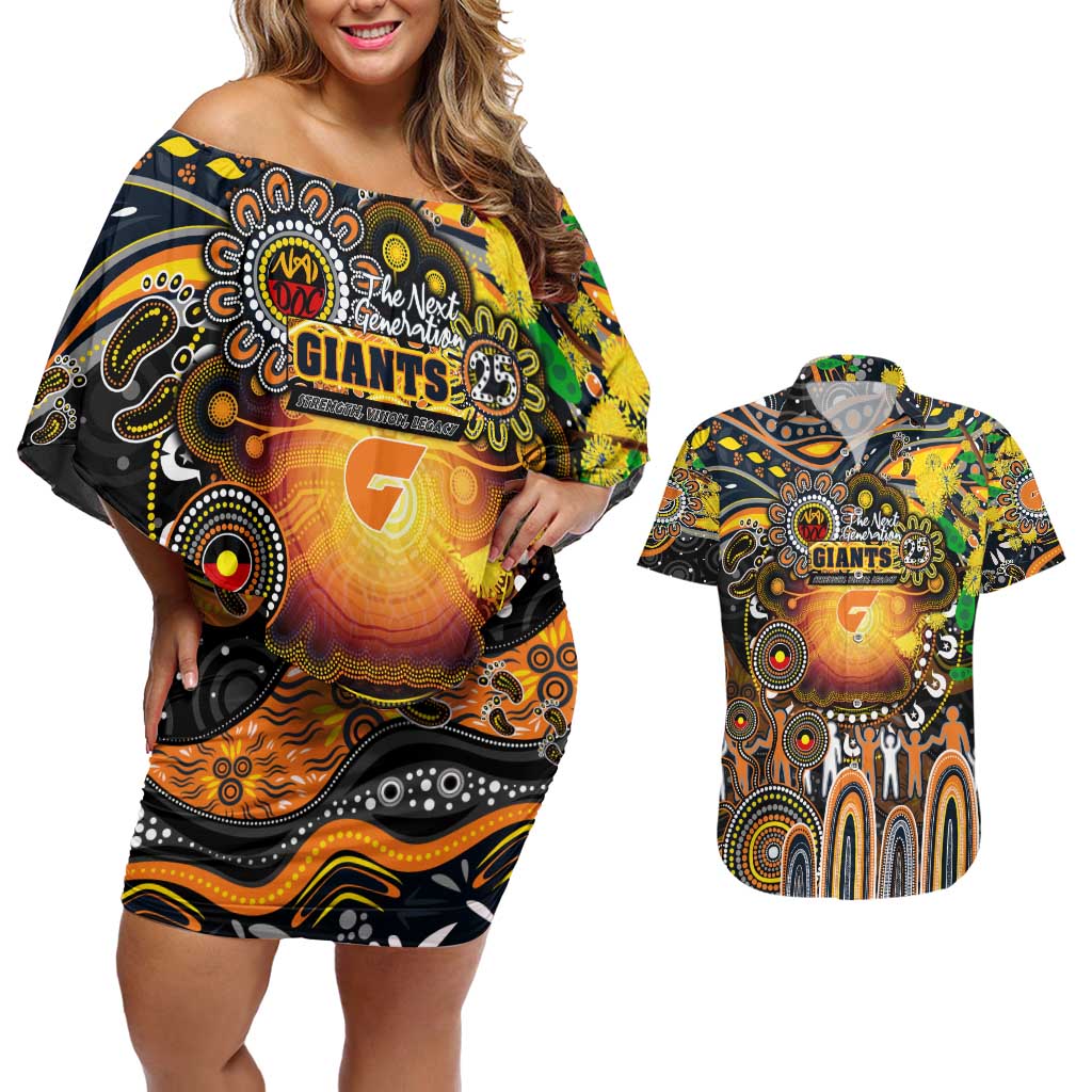 Personalised NAIDOC Week 2025 Giants Football Couples Matching Off Shoulder Short Dress and Hawaiian Shirt Aboriginal Dot Painting