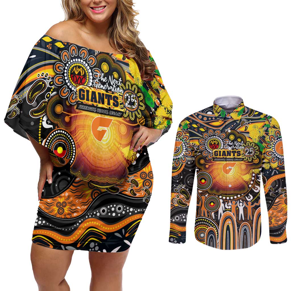 Personalised NAIDOC Week 2025 Giants Football Couples Matching Off Shoulder Short Dress and Long Sleeve Button Shirt Aboriginal Dot Painting