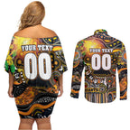 Personalised NAIDOC Week 2025 Giants Football Couples Matching Off Shoulder Short Dress and Long Sleeve Button Shirt Aboriginal Dot Painting