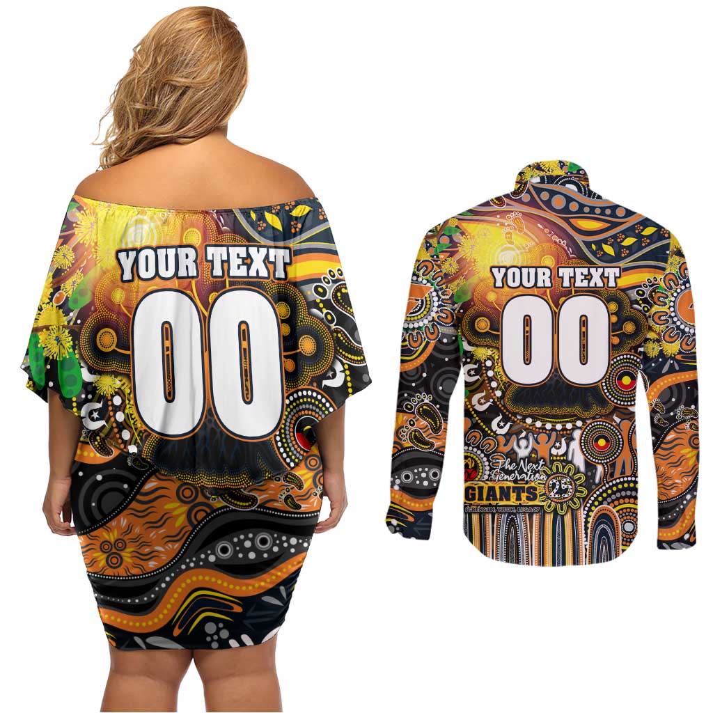 Personalised NAIDOC Week 2025 Giants Football Couples Matching Off Shoulder Short Dress and Long Sleeve Button Shirt Aboriginal Dot Painting
