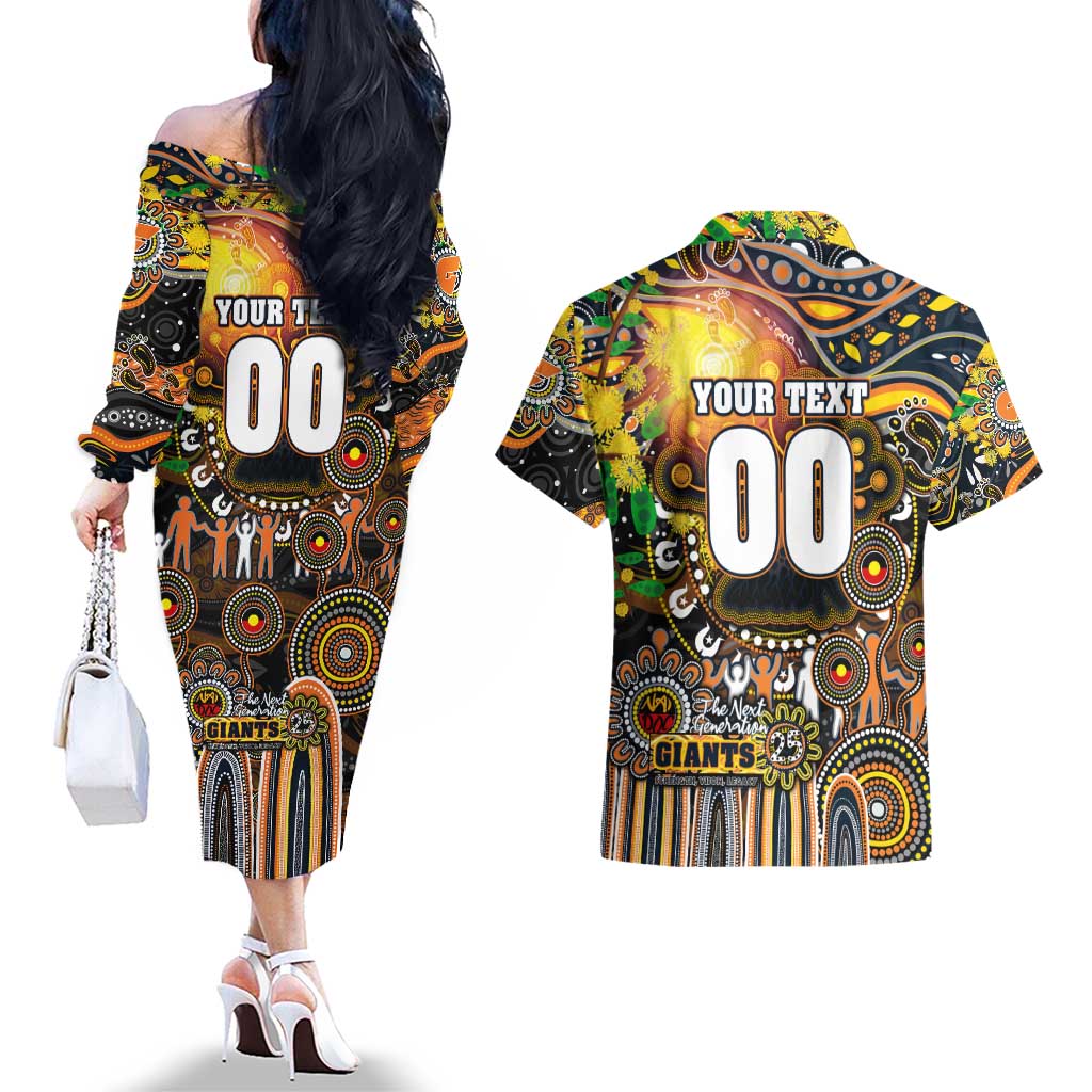 Personalised NAIDOC Week 2025 Giants Football Couples Matching Off The Shoulder Long Sleeve Dress and Hawaiian Shirt Aboriginal Dot Painting
