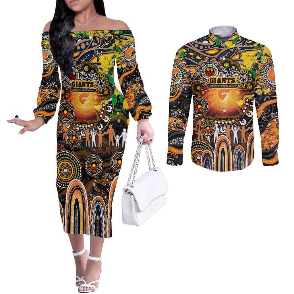 Personalised NAIDOC Week 2025 Giants Football Couples Matching Off The Shoulder Long Sleeve Dress and Long Sleeve Button Shirt Aboriginal Dot Painting