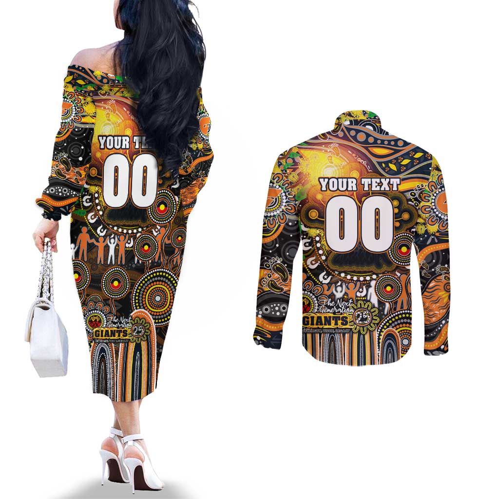 Personalised NAIDOC Week 2025 Giants Football Couples Matching Off The Shoulder Long Sleeve Dress and Long Sleeve Button Shirt Aboriginal Dot Painting