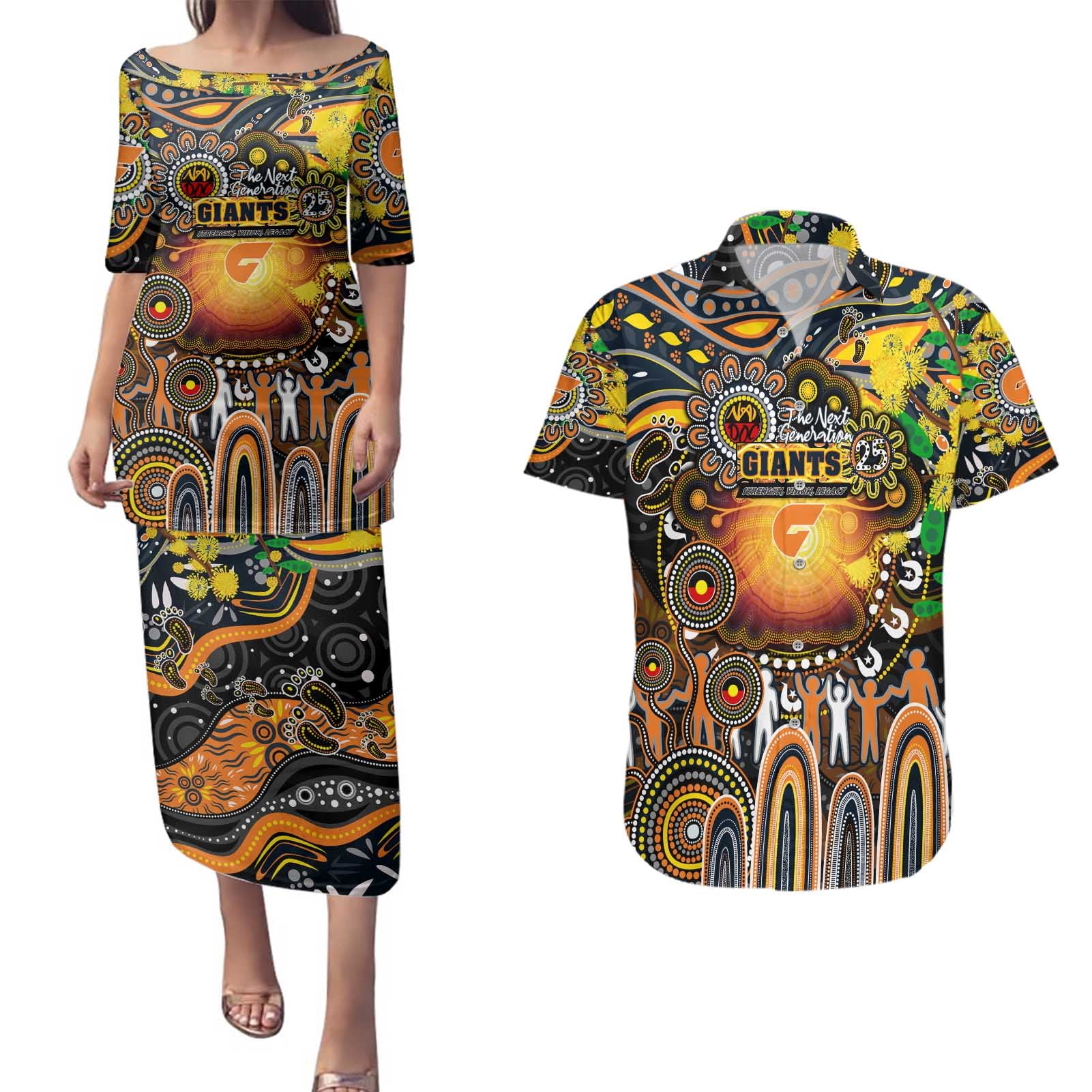 Personalised NAIDOC Week 2025 Giants Football Couples Matching Puletasi and Hawaiian Shirt Aboriginal Dot Painting