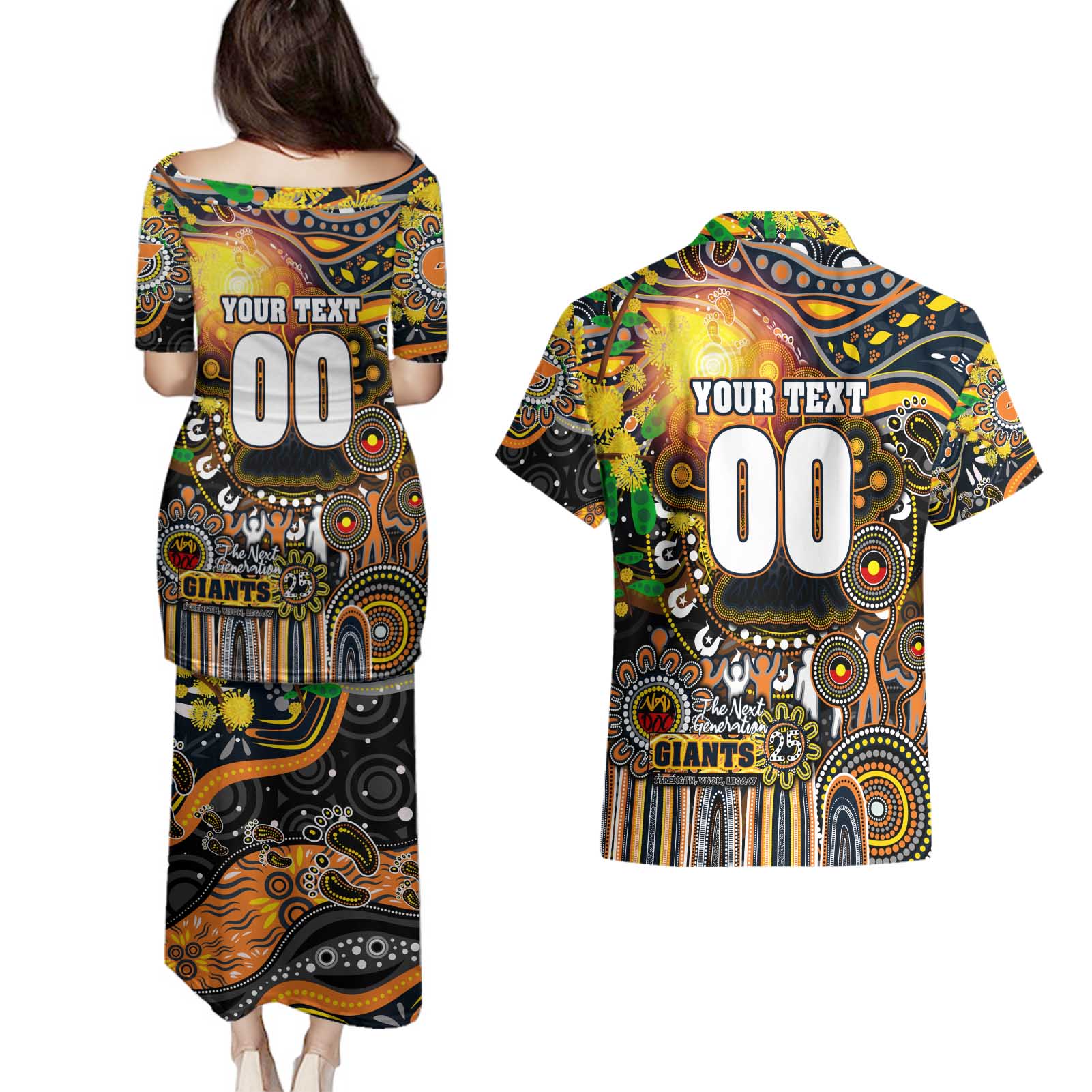 Personalised NAIDOC Week 2025 Giants Football Couples Matching Puletasi and Hawaiian Shirt Aboriginal Dot Painting