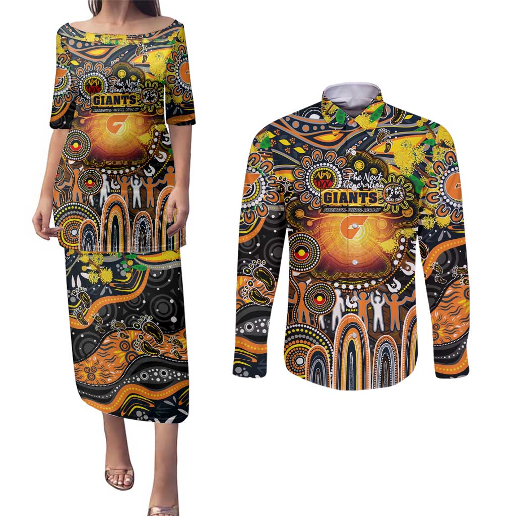 Personalised NAIDOC Week 2025 Giants Football Couples Matching Puletasi and Long Sleeve Button Shirt Aboriginal Dot Painting