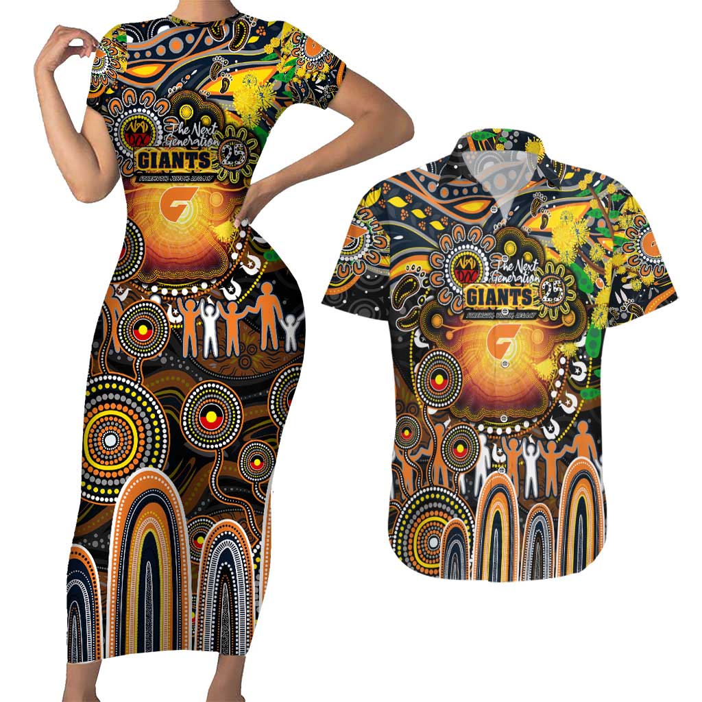 Personalised NAIDOC Week 2025 Giants Football Couples Matching Short Sleeve Bodycon Dress and Hawaiian Shirt Aboriginal Dot Painting