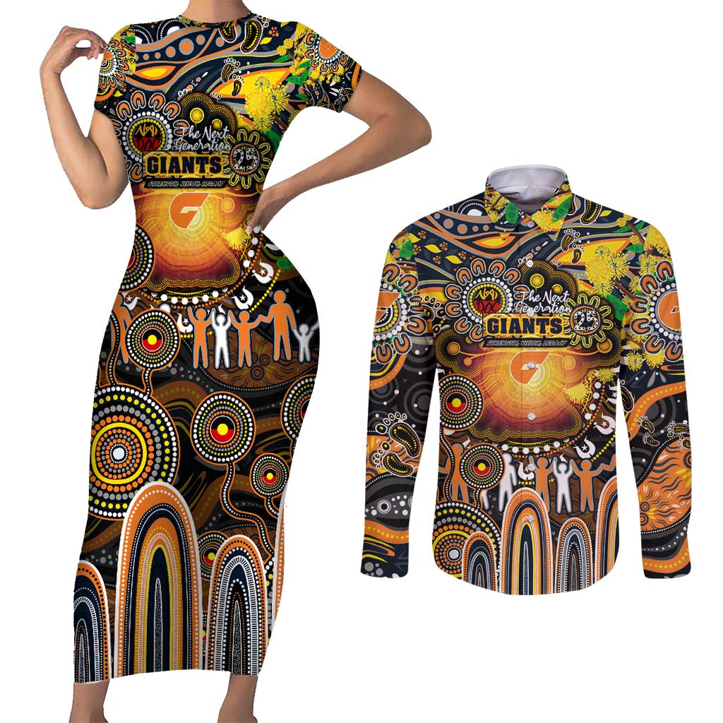 Personalised NAIDOC Week 2025 Giants Football Couples Matching Short Sleeve Bodycon Dress and Long Sleeve Button Shirt Aboriginal Dot Painting