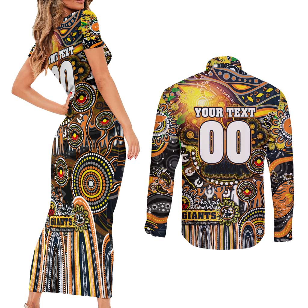 Personalised NAIDOC Week 2025 Giants Football Couples Matching Short Sleeve Bodycon Dress and Long Sleeve Button Shirt Aboriginal Dot Painting