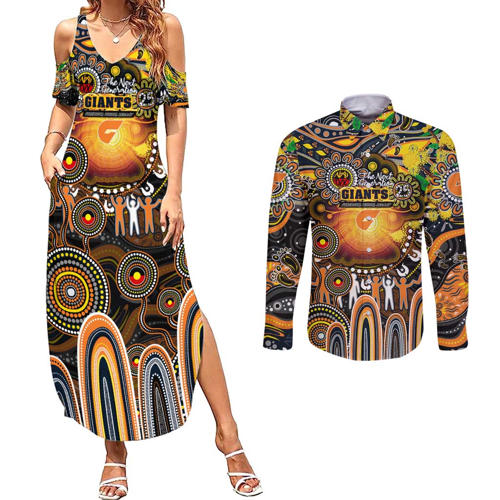 Personalised NAIDOC Week 2025 Giants Football Couples Matching Summer Maxi Dress and Long Sleeve Button Shirt Aboriginal Dot Painting