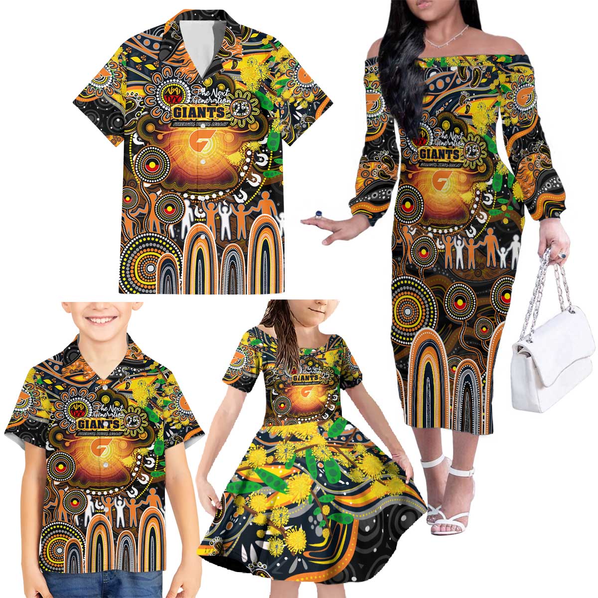Personalised NAIDOC Week 2025 Giants Football Family Matching Off The Shoulder Long Sleeve Dress and Hawaiian Shirt Aboriginal Dot Painting