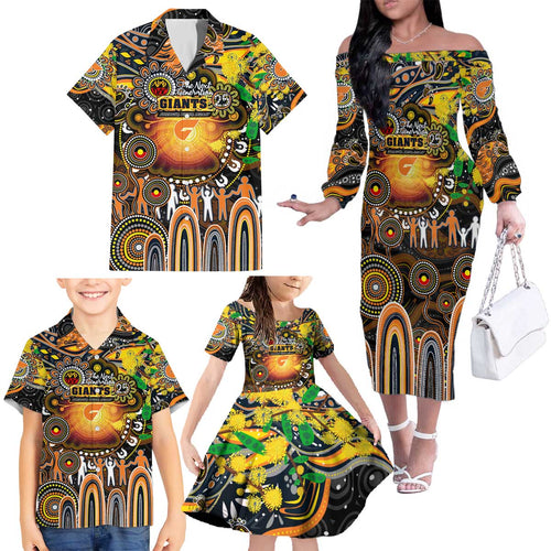 Personalised NAIDOC Week 2025 Giants Football Family Matching Off The Shoulder Long Sleeve Dress and Hawaiian Shirt Aboriginal Dot Painting