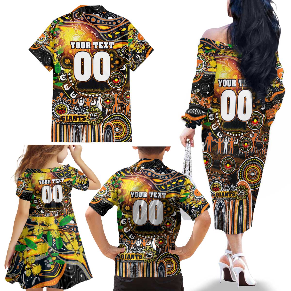 Personalised NAIDOC Week 2025 Giants Football Family Matching Off The Shoulder Long Sleeve Dress and Hawaiian Shirt Aboriginal Dot Painting