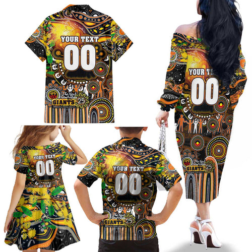 Personalised NAIDOC Week 2025 Giants Football Family Matching Off The Shoulder Long Sleeve Dress and Hawaiian Shirt Aboriginal Dot Painting