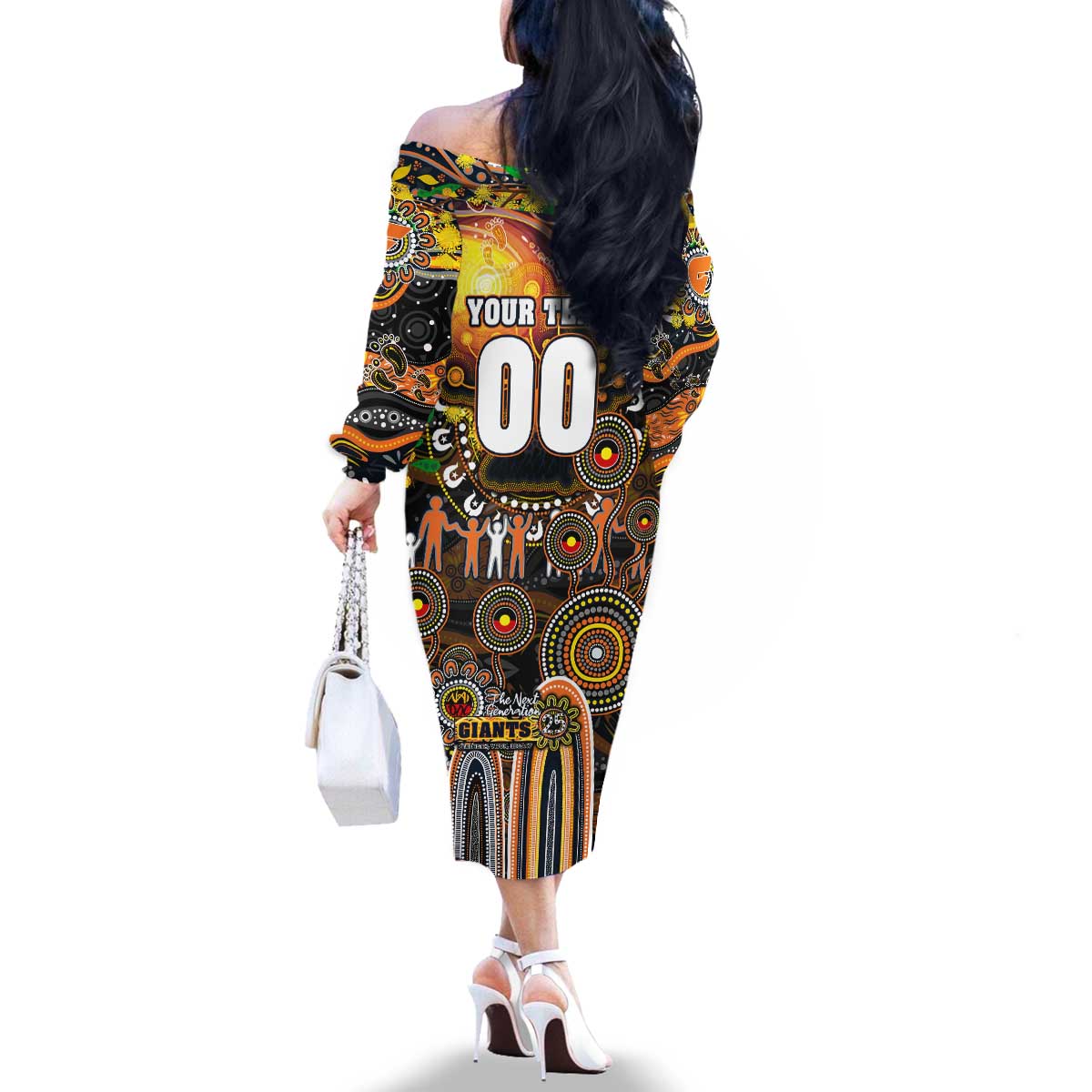 Personalised NAIDOC Week 2025 Giants Football Family Matching Off The Shoulder Long Sleeve Dress and Hawaiian Shirt Aboriginal Dot Painting