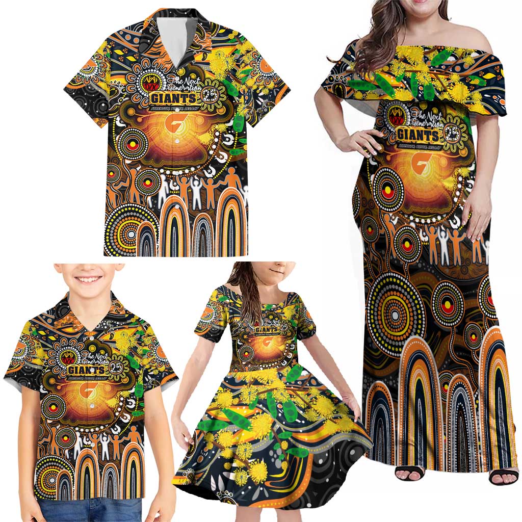 Personalised NAIDOC Week 2025 Giants Football Family Matching Off Shoulder Maxi Dress and Hawaiian Shirt Aboriginal Dot Painting