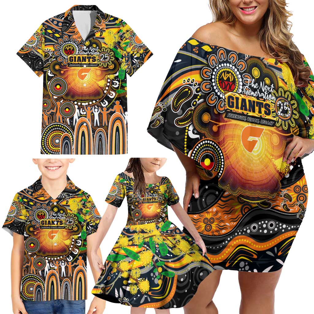 Personalised NAIDOC Week 2025 Giants Football Family Matching Off Shoulder Short Dress and Hawaiian Shirt Aboriginal Dot Painting