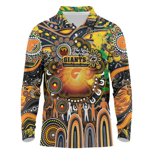 Personalised NAIDOC Week 2025 Giants Football Long Sleeve Polo Shirt Aboriginal Dot Painting