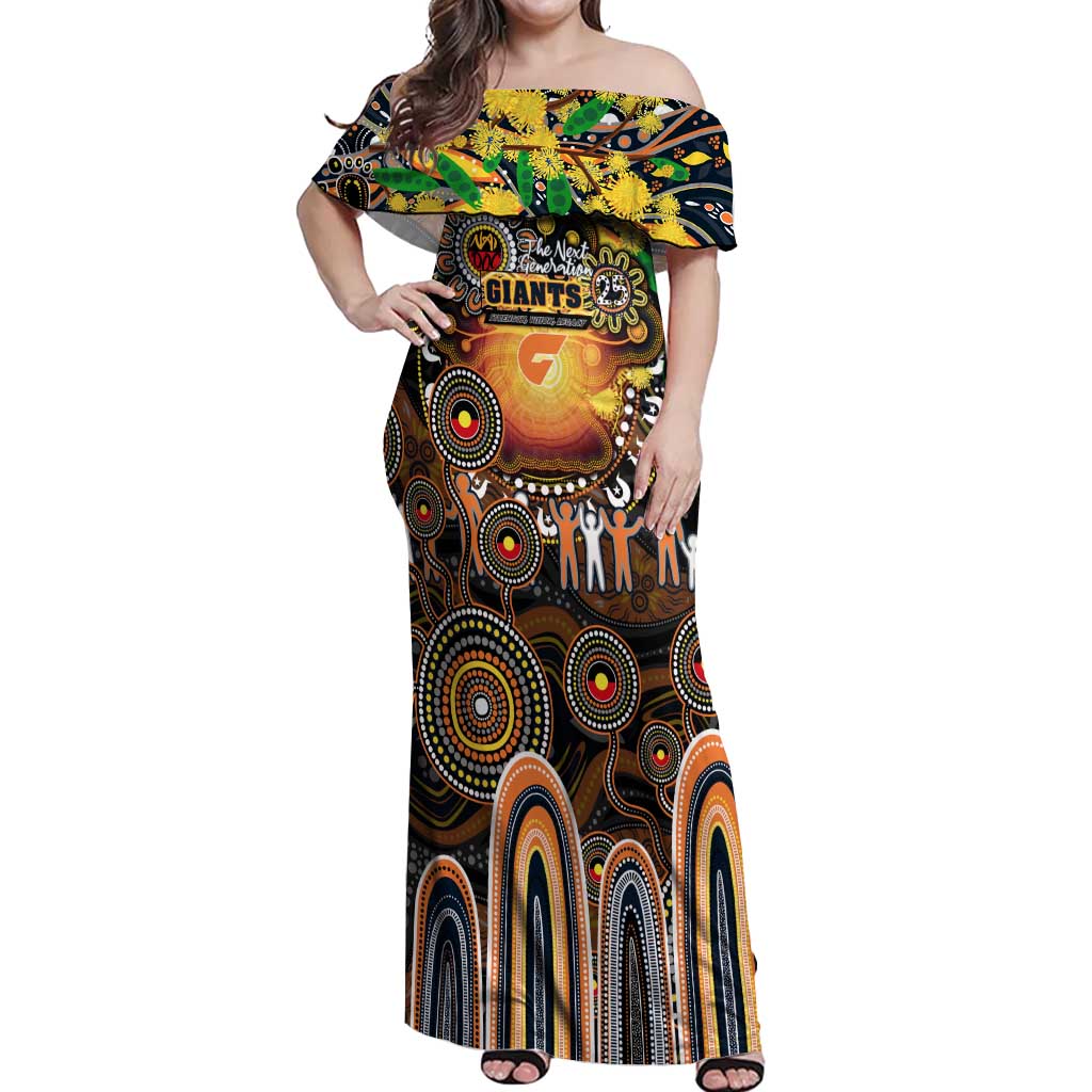 Personalised NAIDOC Week 2025 Giants Football Off Shoulder Maxi Dress Aboriginal Dot Painting
