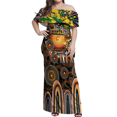 Personalised NAIDOC Week 2025 Giants Football Off Shoulder Maxi Dress Aboriginal Dot Painting