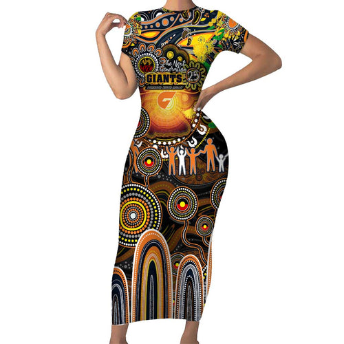 Personalised NAIDOC Week 2025 Giants Football Short Sleeve Bodycon Dress Aboriginal Dot Painting