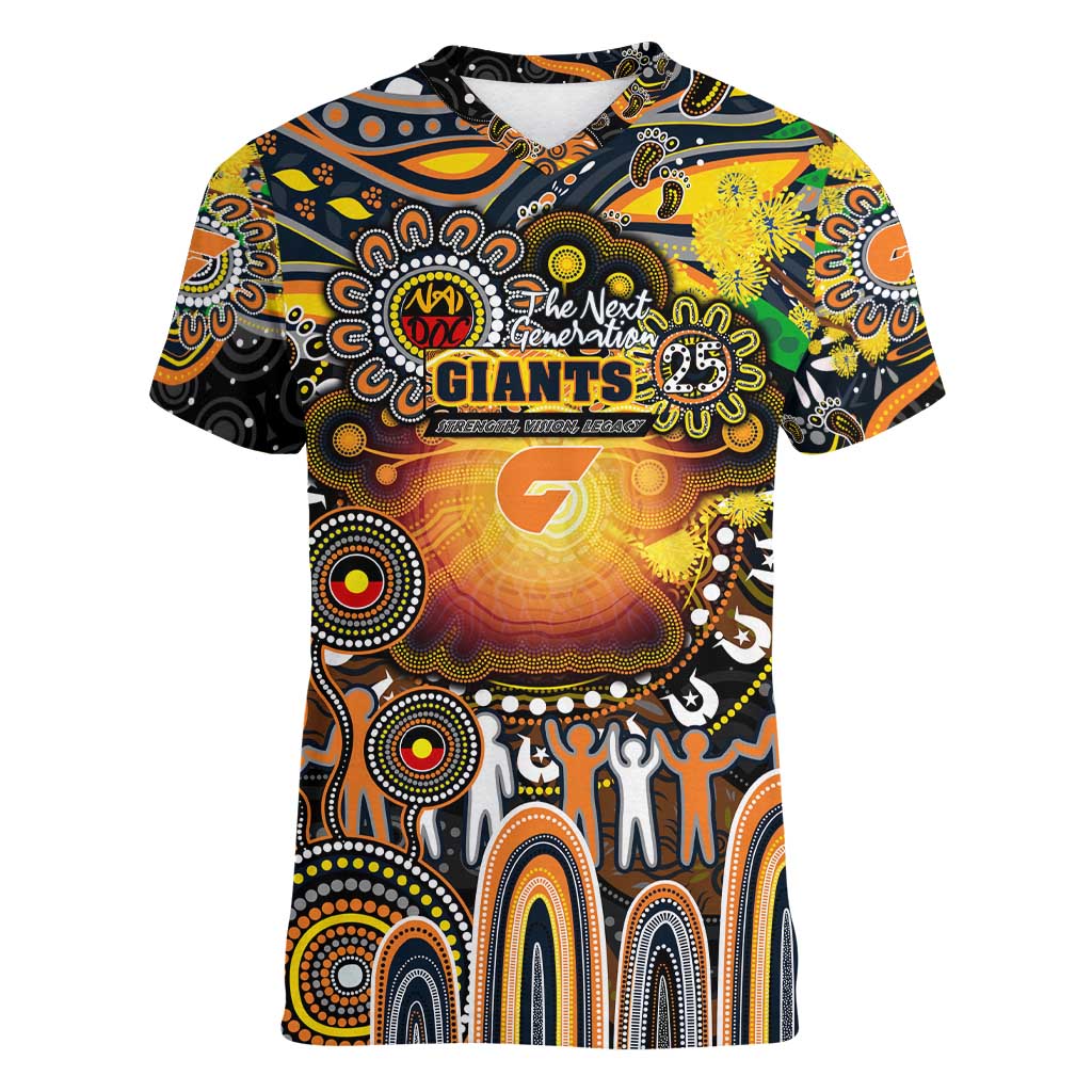 Personalised NAIDOC Week 2025 Giants Football Women V-Neck T-Shirt Aboriginal Dot Painting