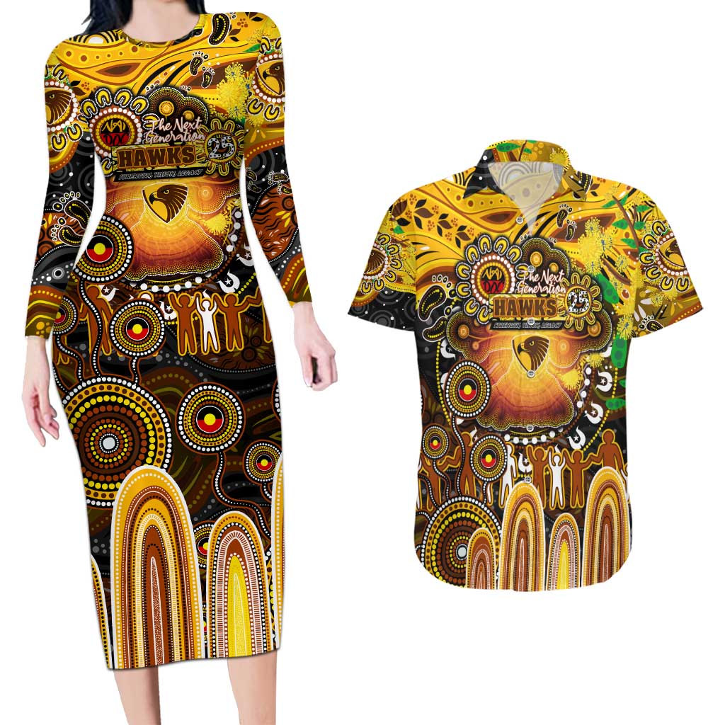 Personalised NAIDOC Week 2025 Hawks Football Couples Matching Long Sleeve Bodycon Dress and Hawaiian Shirt Aboriginal Dot Painting