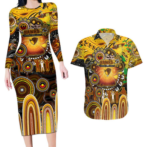 Personalised NAIDOC Week 2025 Hawks Football Couples Matching Long Sleeve Bodycon Dress and Hawaiian Shirt Aboriginal Dot Painting