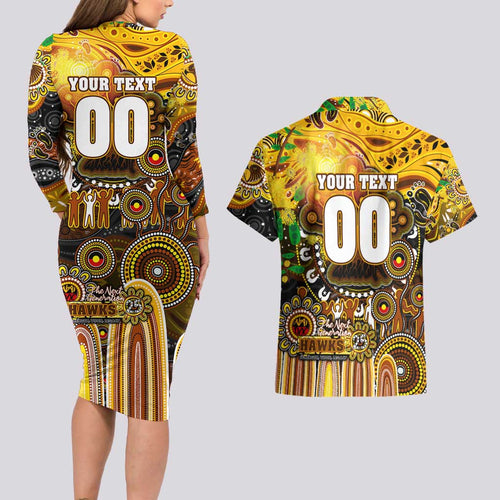 Personalised NAIDOC Week 2025 Hawks Football Couples Matching Long Sleeve Bodycon Dress and Hawaiian Shirt Aboriginal Dot Painting