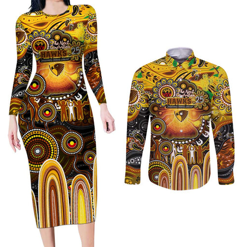 Personalised NAIDOC Week 2025 Hawks Football Couples Matching Long Sleeve Bodycon Dress and Long Sleeve Button Shirt Aboriginal Dot Painting