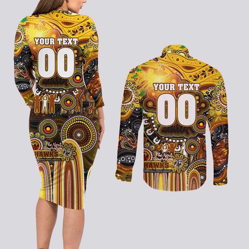 Personalised NAIDOC Week 2025 Hawks Football Couples Matching Long Sleeve Bodycon Dress and Long Sleeve Button Shirt Aboriginal Dot Painting