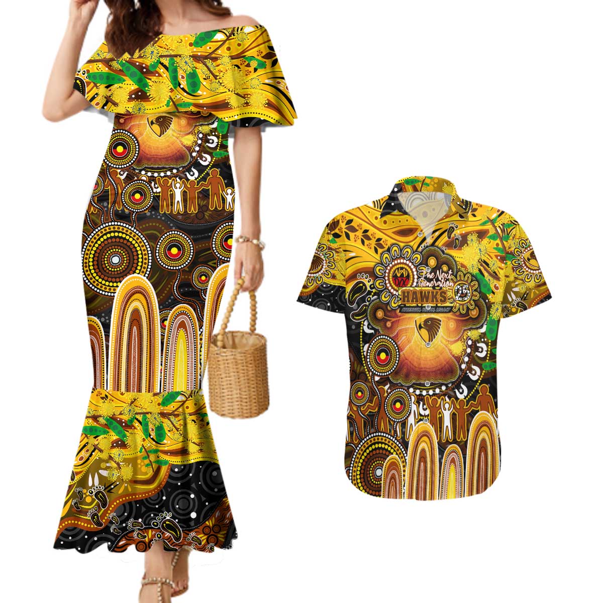 Personalised NAIDOC Week 2025 Hawks Football Couples Matching Mermaid Dress and Hawaiian Shirt Aboriginal Dot Painting