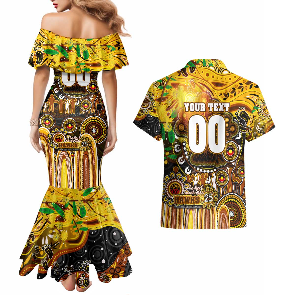 Personalised NAIDOC Week 2025 Hawks Football Couples Matching Mermaid Dress and Hawaiian Shirt Aboriginal Dot Painting