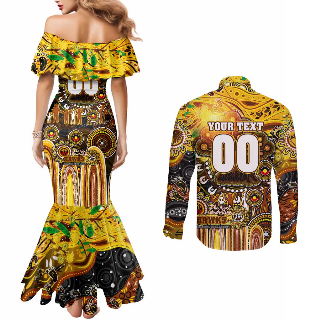 Personalised NAIDOC Week 2025 Hawks Football Couples Matching Mermaid Dress and Long Sleeve Button Shirt Aboriginal Dot Painting