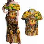 Personalised NAIDOC Week 2025 Hawks Football Couples Matching Off Shoulder Maxi Dress and Hawaiian Shirt Aboriginal Dot Painting
