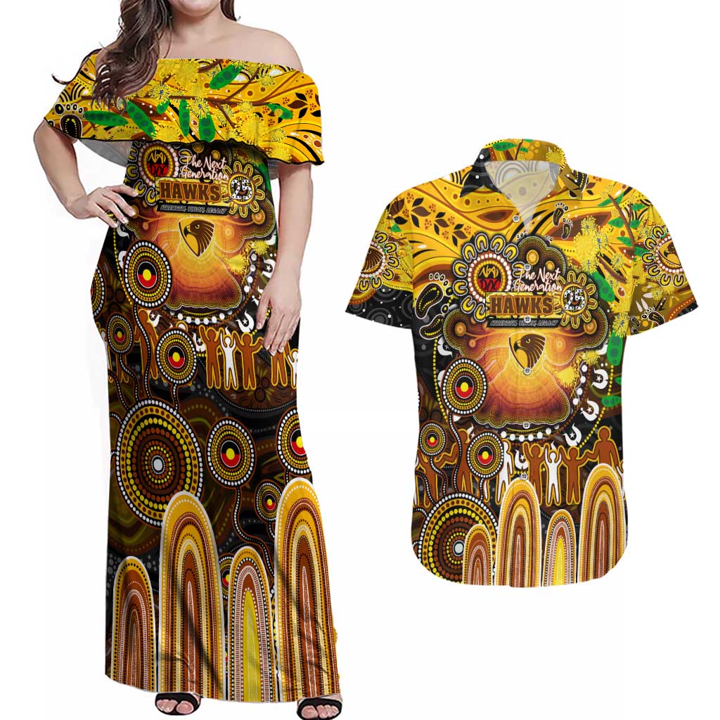 Personalised NAIDOC Week 2025 Hawks Football Couples Matching Off Shoulder Maxi Dress and Hawaiian Shirt Aboriginal Dot Painting