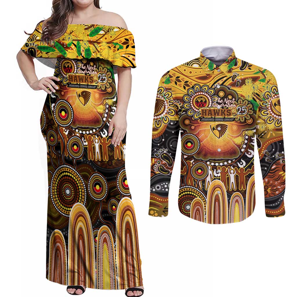Personalised NAIDOC Week 2025 Hawks Football Couples Matching Off Shoulder Maxi Dress and Long Sleeve Button Shirt Aboriginal Dot Painting