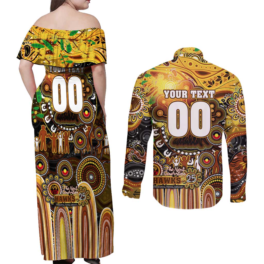 Personalised NAIDOC Week 2025 Hawks Football Couples Matching Off Shoulder Maxi Dress and Long Sleeve Button Shirt Aboriginal Dot Painting