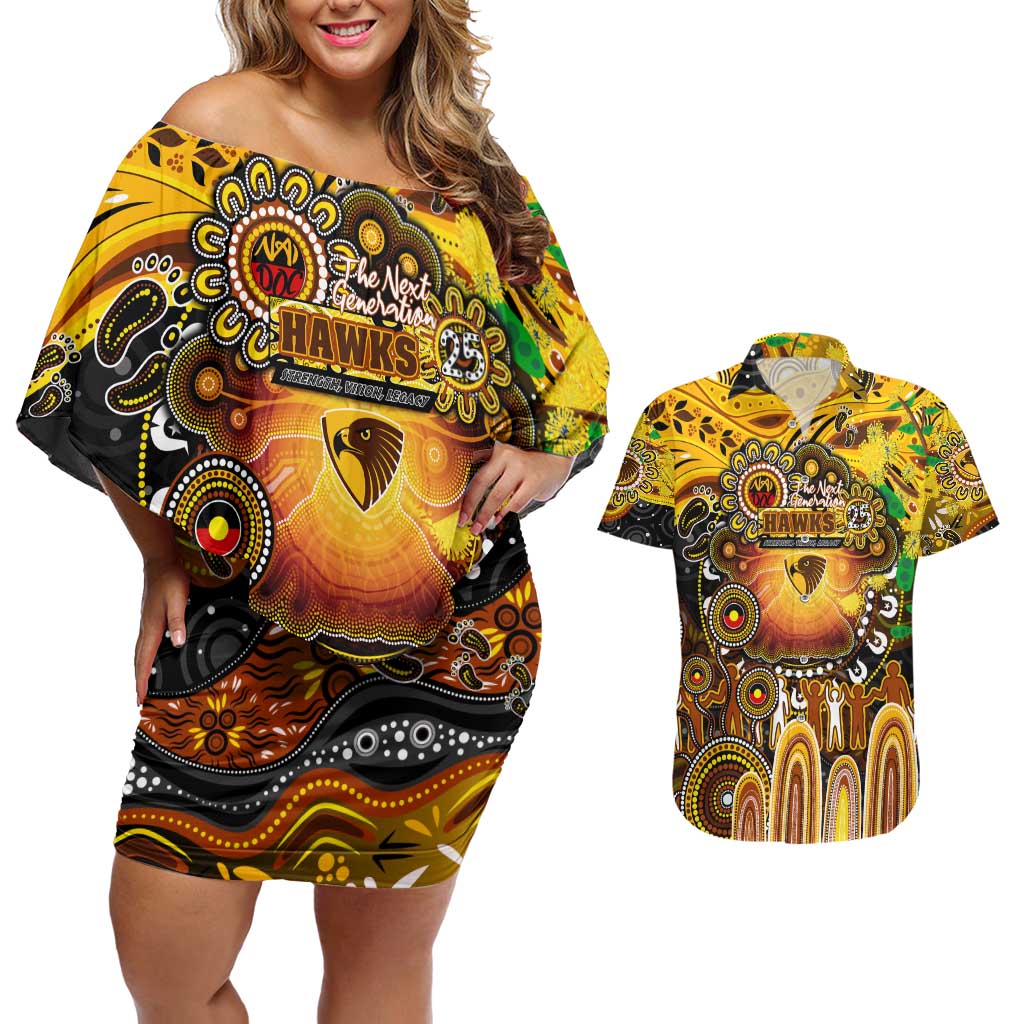 Personalised NAIDOC Week 2025 Hawks Football Couples Matching Off Shoulder Short Dress and Hawaiian Shirt Aboriginal Dot Painting