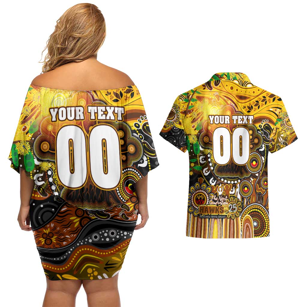 Personalised NAIDOC Week 2025 Hawks Football Couples Matching Off Shoulder Short Dress and Hawaiian Shirt Aboriginal Dot Painting