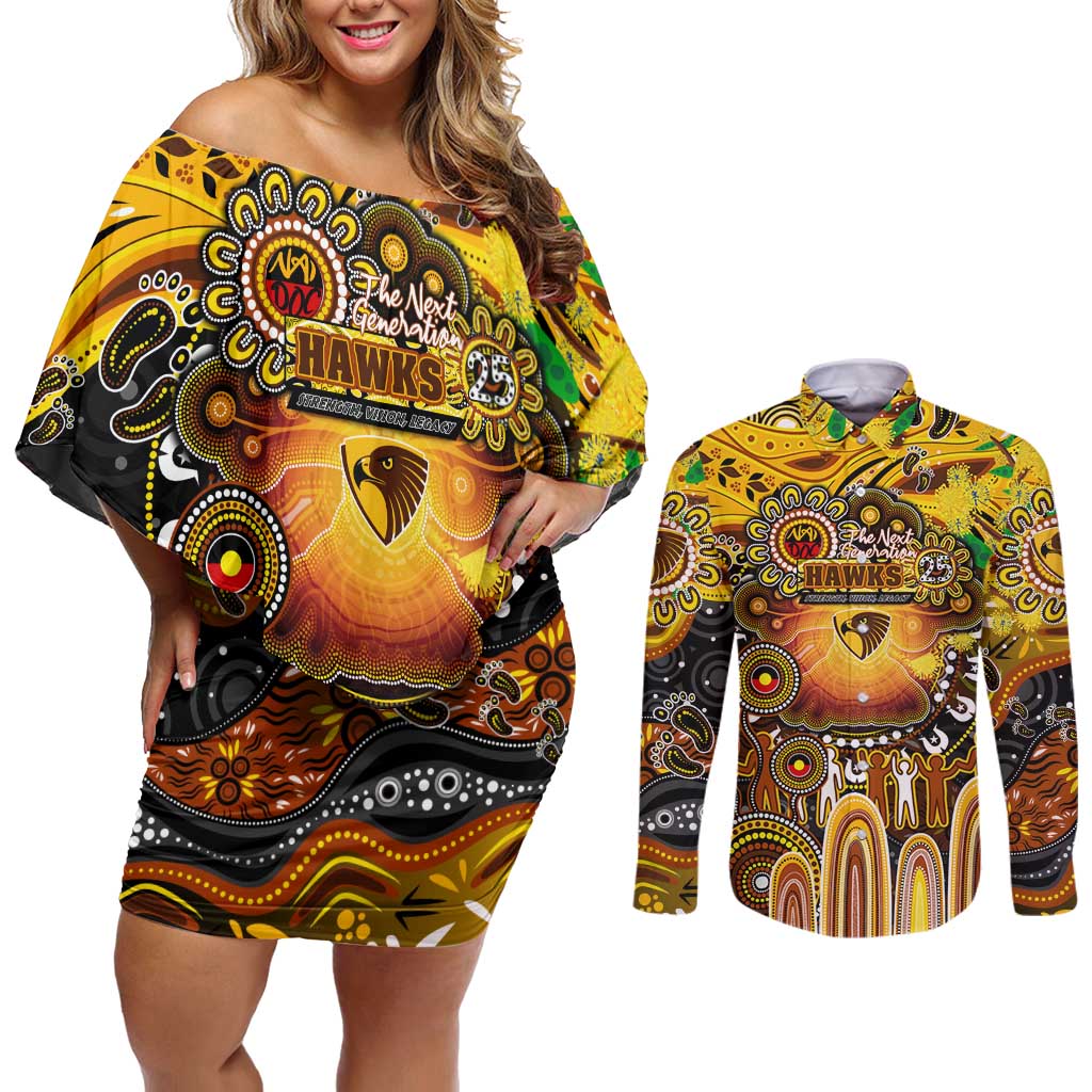 Personalised NAIDOC Week 2025 Hawks Football Couples Matching Off Shoulder Short Dress and Long Sleeve Button Shirt Aboriginal Dot Painting