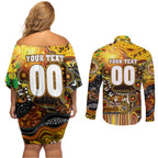 Personalised NAIDOC Week 2025 Hawks Football Couples Matching Off Shoulder Short Dress and Long Sleeve Button Shirt Aboriginal Dot Painting