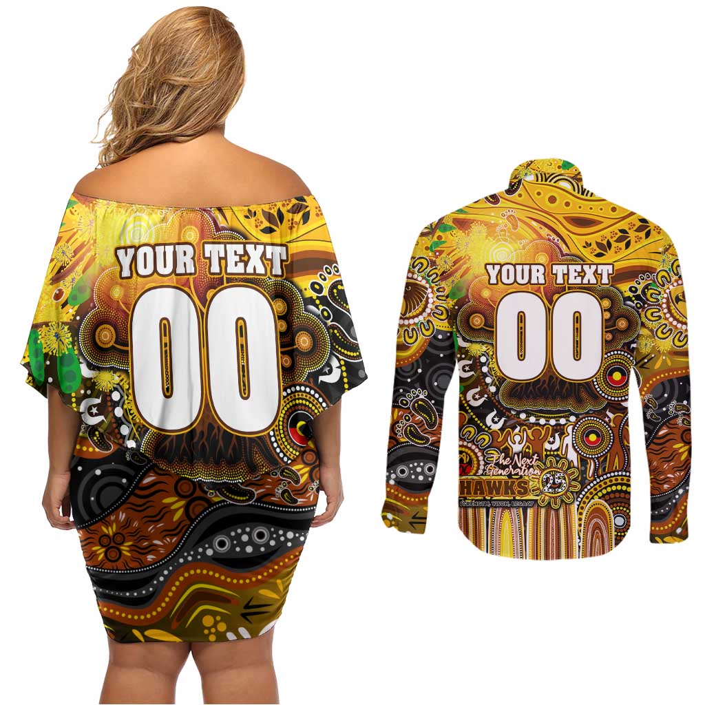Personalised NAIDOC Week 2025 Hawks Football Couples Matching Off Shoulder Short Dress and Long Sleeve Button Shirt Aboriginal Dot Painting